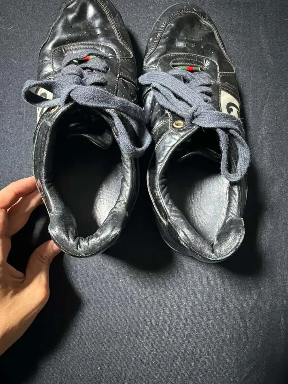 Gucci Black Patent Leather Interlocking G Logo Low Top Sneakers